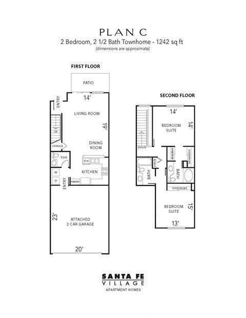 Floor plan for 2 beds, 2.5 baths, 1242 sqft
